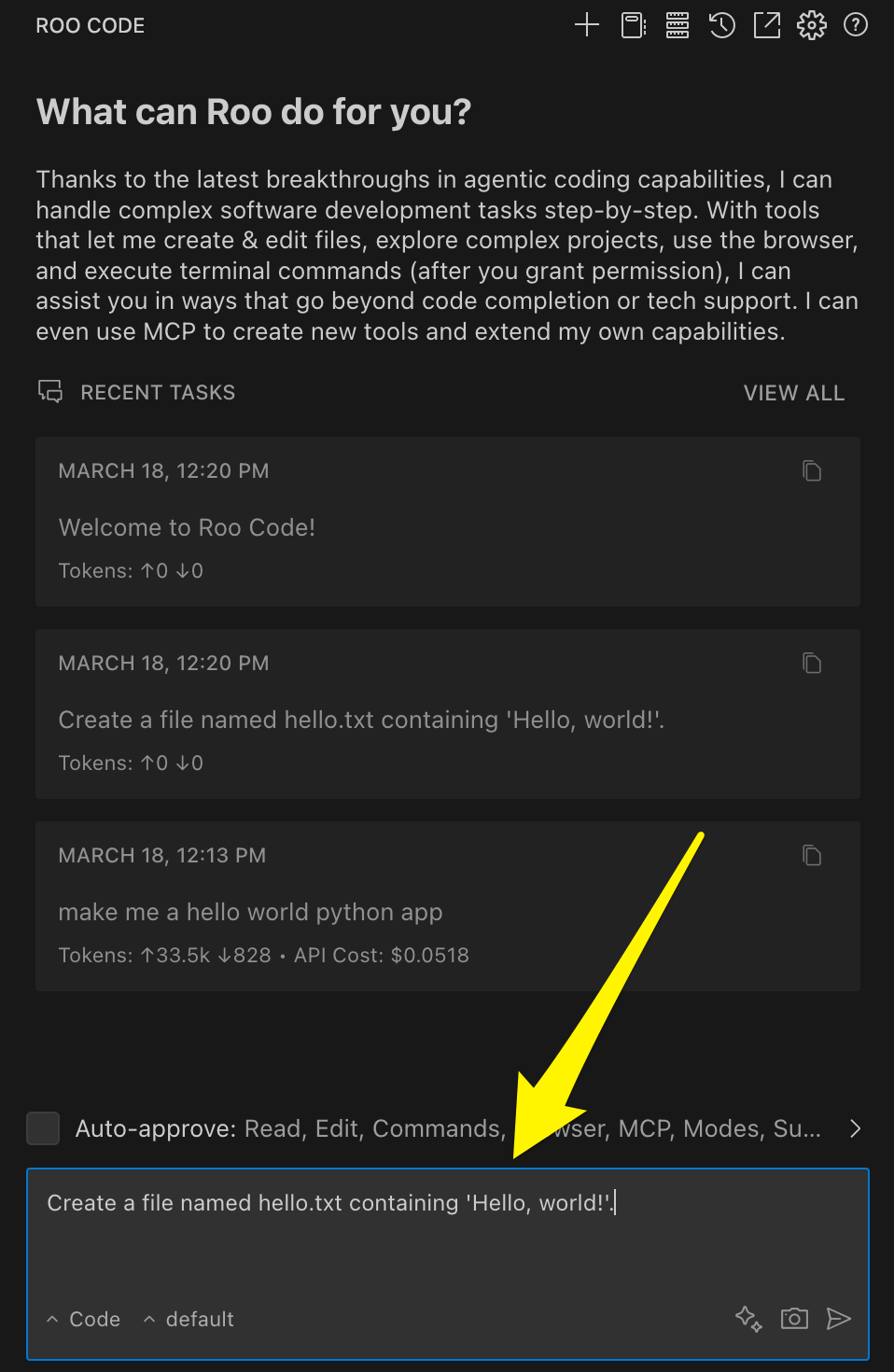 Typing a task in the Roo Code chat interface